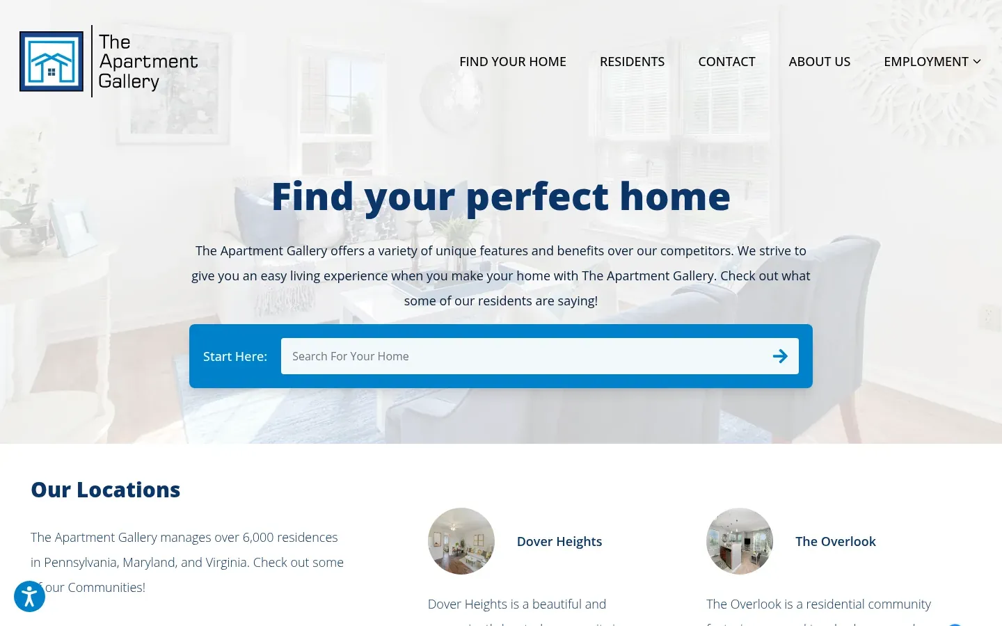 The Apartment Gallery home page: "Find your perfect home" over a bright living room photo, with a search box for finding a home, and an Our Locations section with Dover Heights and The Overlook.
