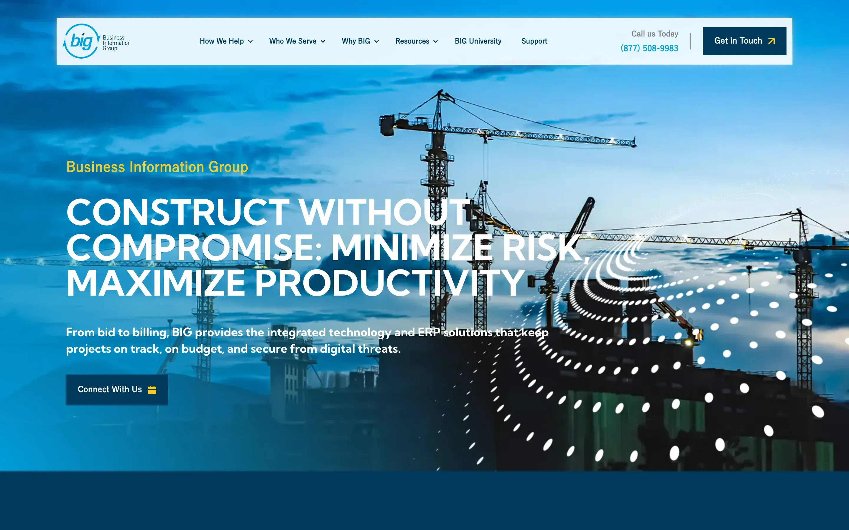 Business Information Group home page: tower cranes over a construction site at dusk, beside "Construct without compromise: minimize risk, maximize productivity" and a Connect With Us button.