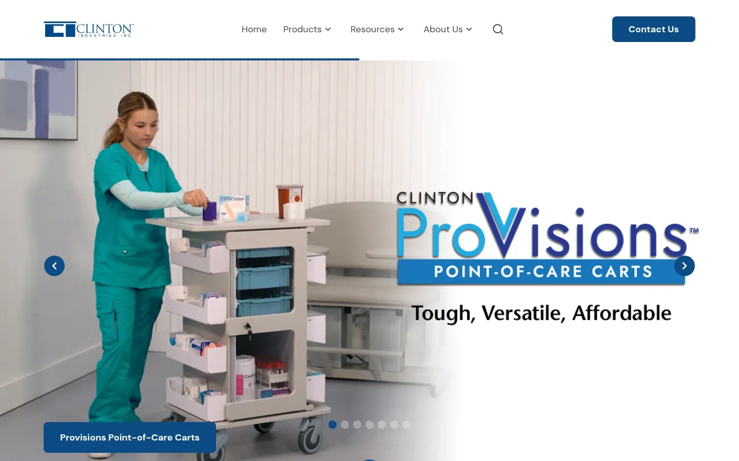 Clinton Industries home page: a nurse in teal scrubs stocking a point-of-care cart in an exam room, beside "Clinton ProVisions point-of-care carts: tough, versatile, affordable."