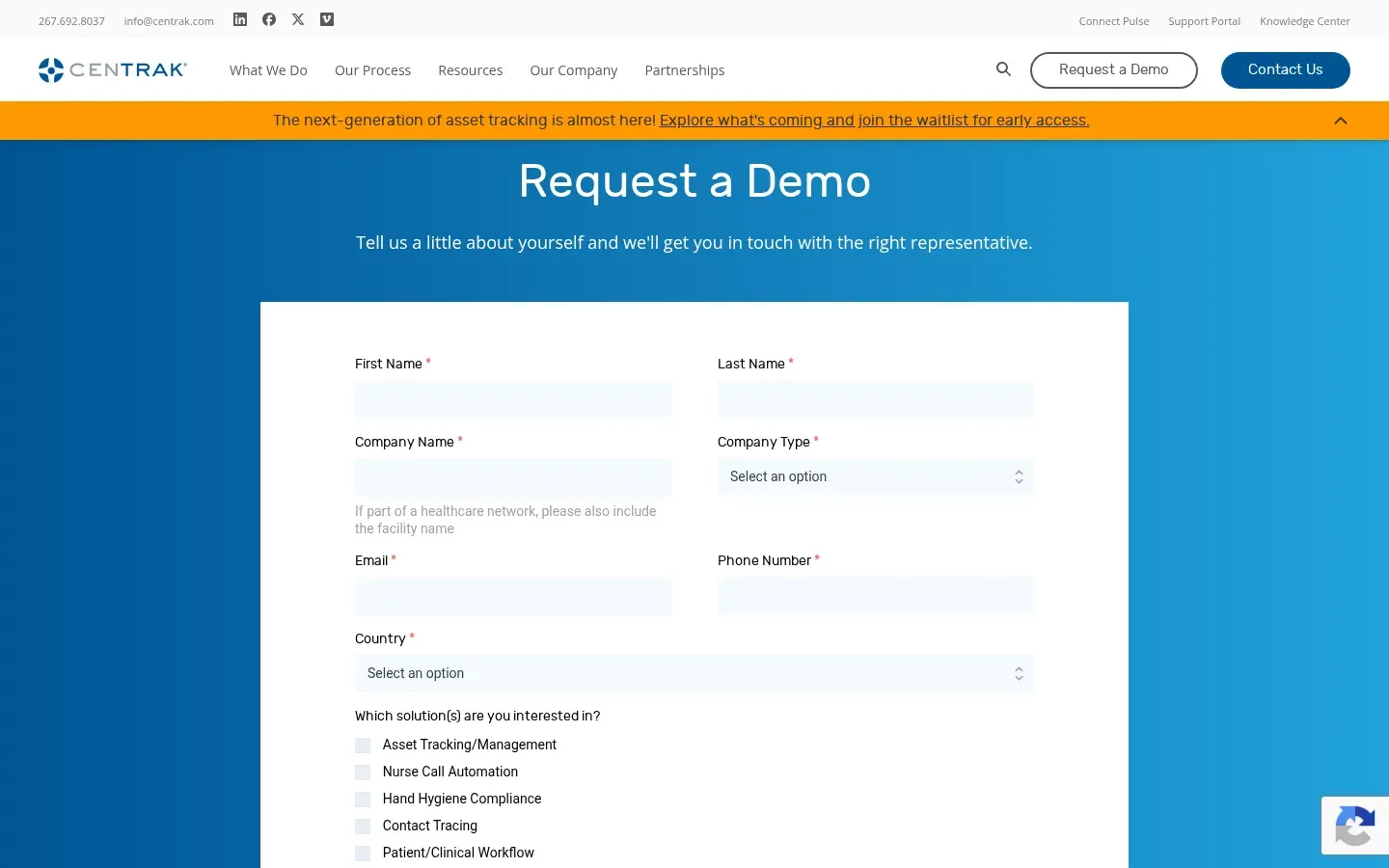 CenTrak Request a Demo page: "Tell us a little about yourself and we'll get you in touch with the right representative," over a form for name, company, company type, email, phone, country, and the solutions you're interested in.