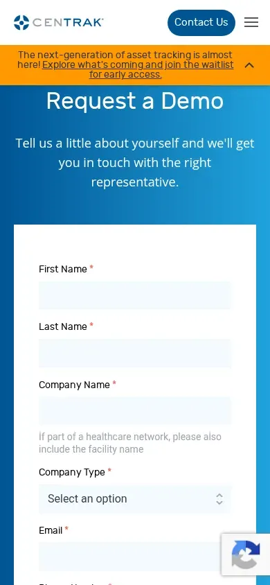 The Request a Demo form on a phone: first name, last name, company name, and company type fields.