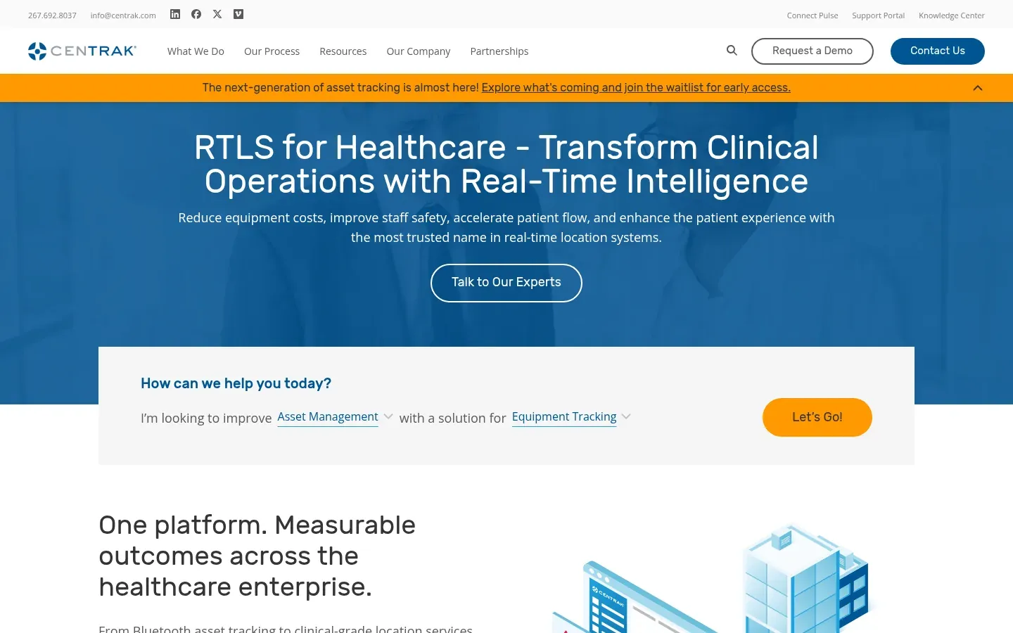 CenTrak home page: a banner inviting visitors to join the waitlist for next-generation asset tracking, then "RTLS for Healthcare - Transform Clinical Operations with Real-Time Intelligence" over a blue hospital photo, a Talk to Our Experts button, and a "How can we help you today?" selector for asset management and equipment tracking.