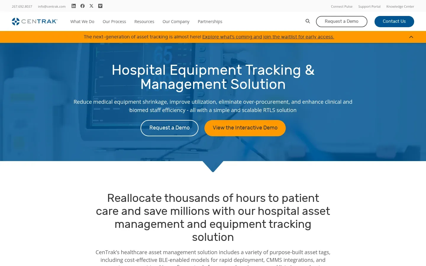 CenTrak Hospital Equipment Tracking & Management Solution page, with Request a Demo and View the Interactive Demo buttons over a photo of hospital monitors.