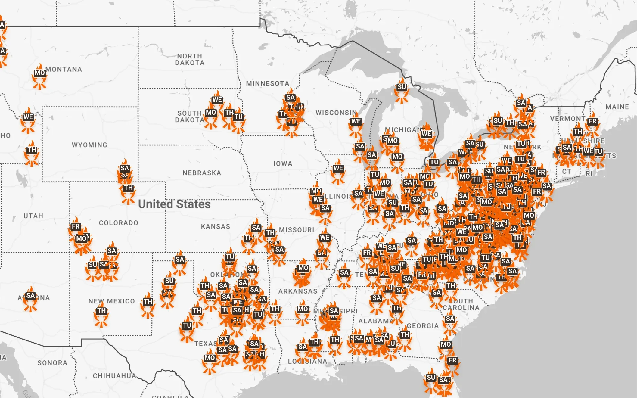 Tribe finder map of the United States, from the Rockies to the East Coast, crowded with tribe markers that thicken across the Midwest, the South, and the Northeast.