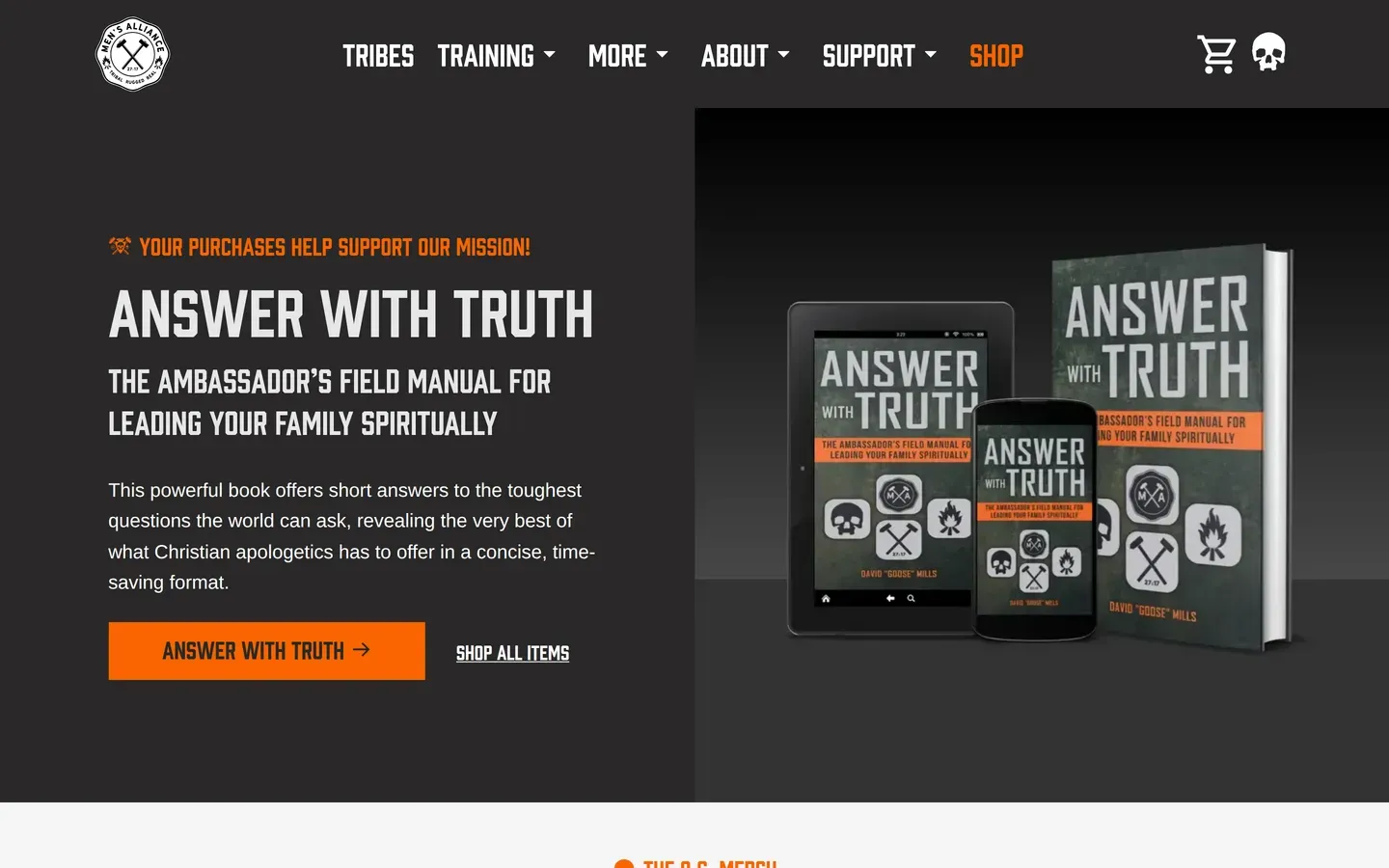 Men's Alliance shop page featuring the Answer with Truth field manual by David "Goose" Mills, with an Answer with Truth button and a Shop all items link beside the book on a tablet, a phone, and in print.