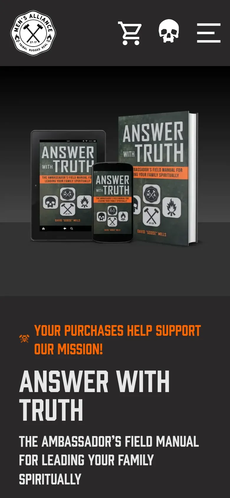 The Men's Alliance shop on a phone: the Answer with Truth field manual shown on a tablet, a phone, and in print, above the line "Your purchases help support our mission!"