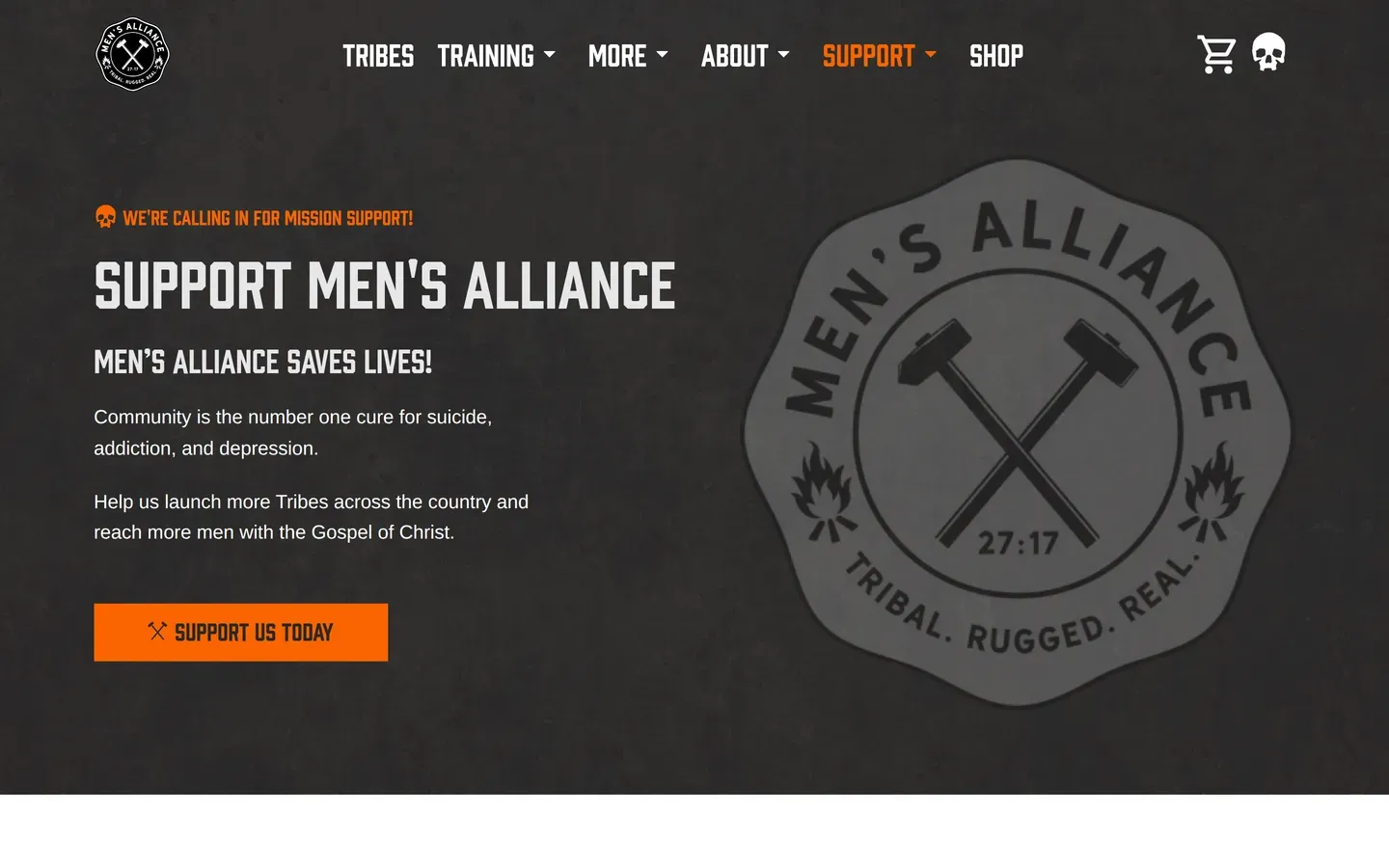 Support Men's Alliance giving page: "Men's Alliance saves lives!" and a Support us today button beside the Men's Alliance crest.