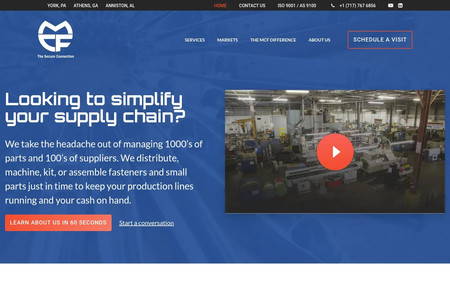 Military & Commercial Fasteners home page: "Looking to simplify your supply chain?" on a blue background, with a Learn about us in 60 seconds button, beside a video still of their machining floor.