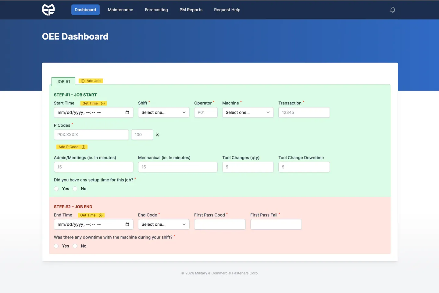 MCF's OEE Dashboard: a Job #1 form under the app's menu for Dashboard, Maintenance, Forecasting, PM Reports, and Request Help. A green Job Start step asks for start time, shift, operator, machine, transaction, P codes, admin and mechanical minutes, tool changes, and setup time, over a red Job End step for end time, end code, first pass good and fail counts, and machine downtime.