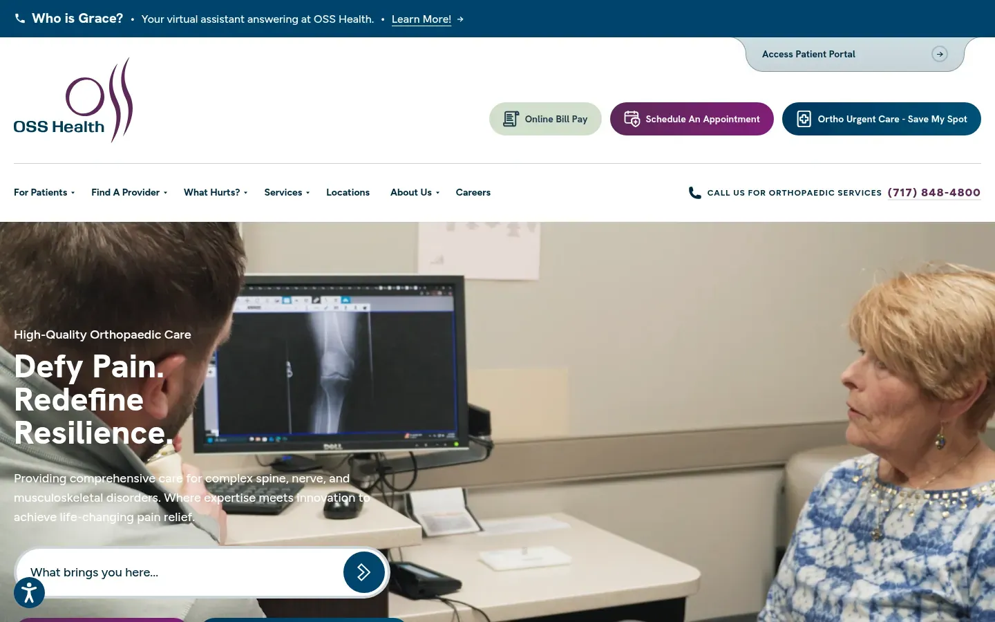 OSS Health home page: "Defy Pain. Redefine Resilience." over a photo of a clinician showing a patient a knee X-ray on a monitor, with buttons for online bill pay, scheduling an appointment, and ortho urgent care, and a "What brings you here?" search box.