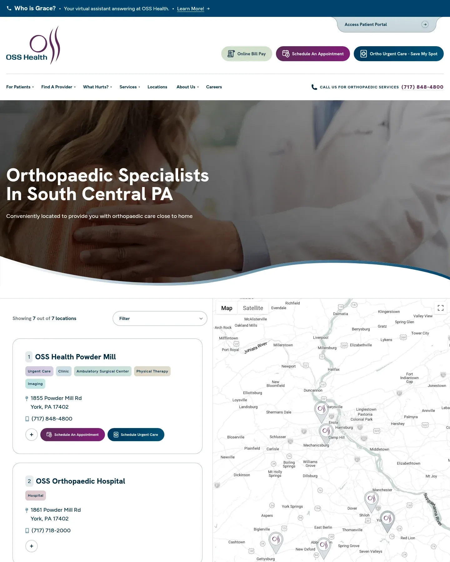 Locations directory: "Showing 7 out of 7 locations," with cards for OSS Health Powder Mill and OSS Orthopaedic Hospital in York, PA, their service tags, addresses, and phone numbers, beside a Google map of south central Pennsylvania pinned with OSS locations.