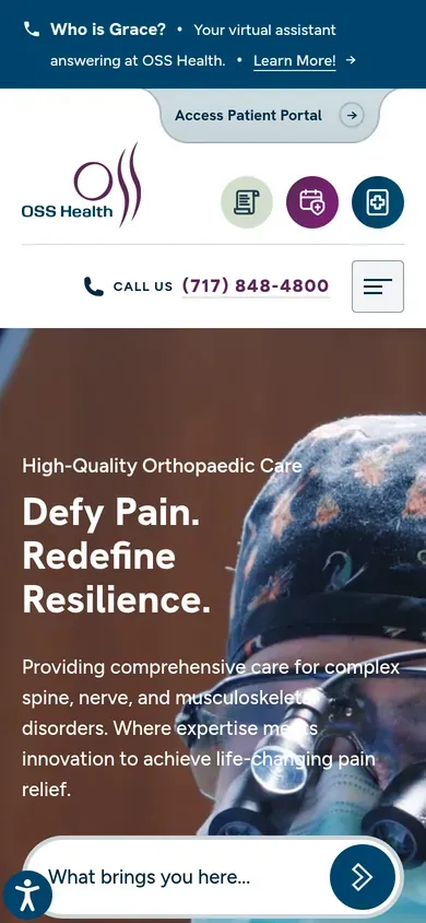 OSS Health on a phone: "Defy Pain. Redefine Resilience." over a photo of a surgeon in a patterned cap and magnifying loupes, with a "What brings you here?" search box.