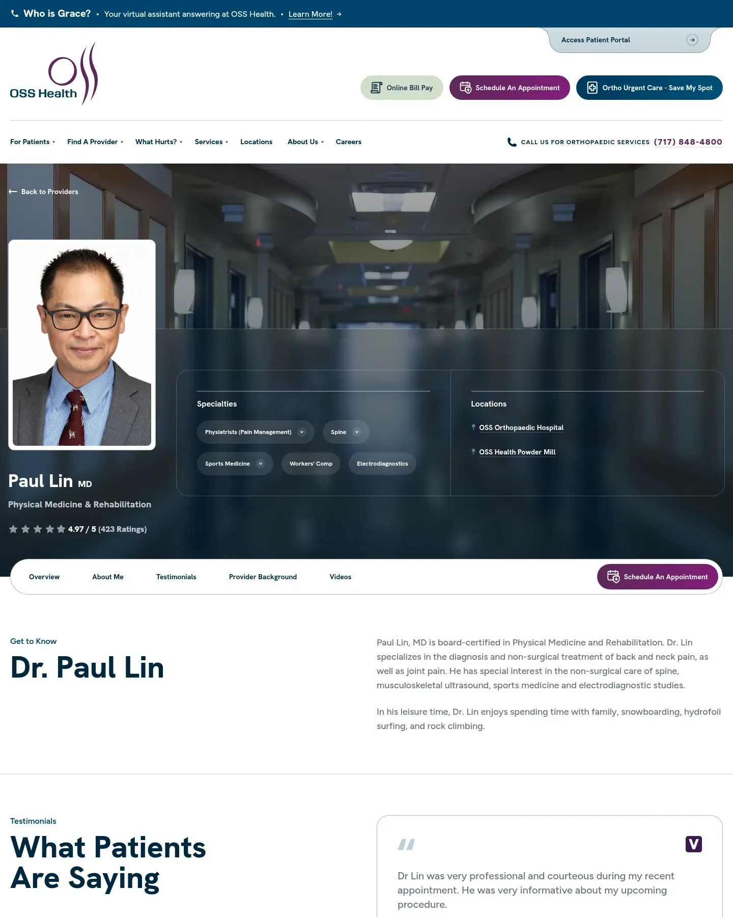 Paul Lin, MD, provider profile: his headshot, Physical Medicine & Rehabilitation, five stars rated "4.97 / 5 (423 Ratings)", specialty tags from Physiatrists (Pain Management) to Electrodiagnostics, his two OSS locations, and tabs for Overview, About Me, Testimonials, Provider Background, and Videos beside a Schedule An Appointment button.