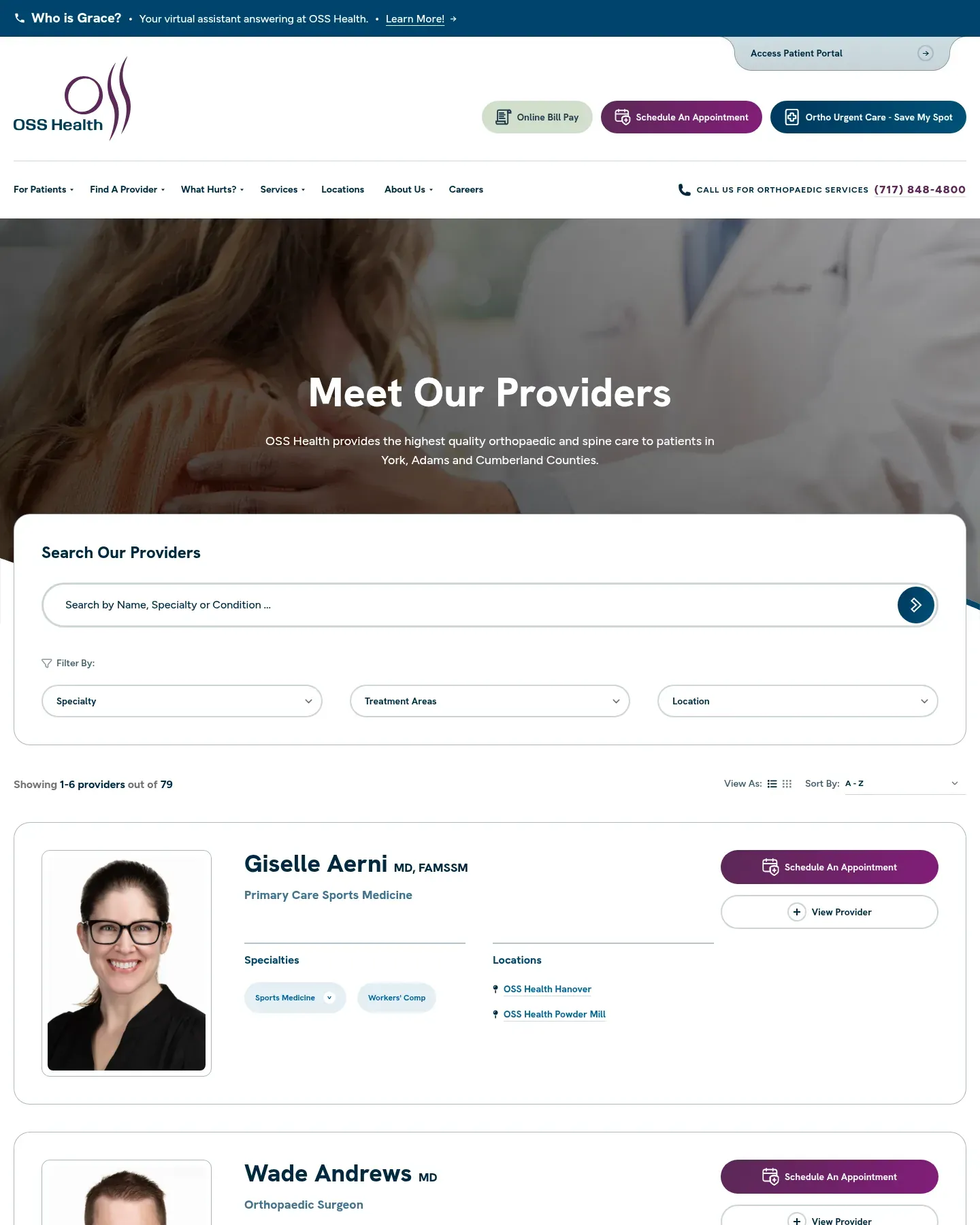 Providers directory: Specialty, Treatment Areas, and Location filters, "Showing 1-6 providers out of 79," and provider cards for Giselle Aerni, MD, FAMSSM, Primary Care Sports Medicine, and Wade Andrews, MD, Orthopaedic Surgeon, each with Schedule An Appointment and View Provider buttons.