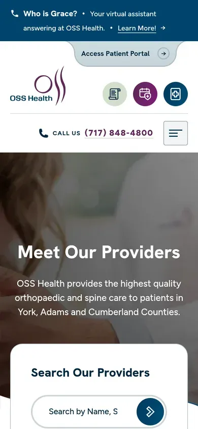 OSS Health providers page on a phone: "Meet Our Providers," a line on orthopaedic and spine care for York, Adams, and Cumberland Counties, and the top of the Search Our Providers card.