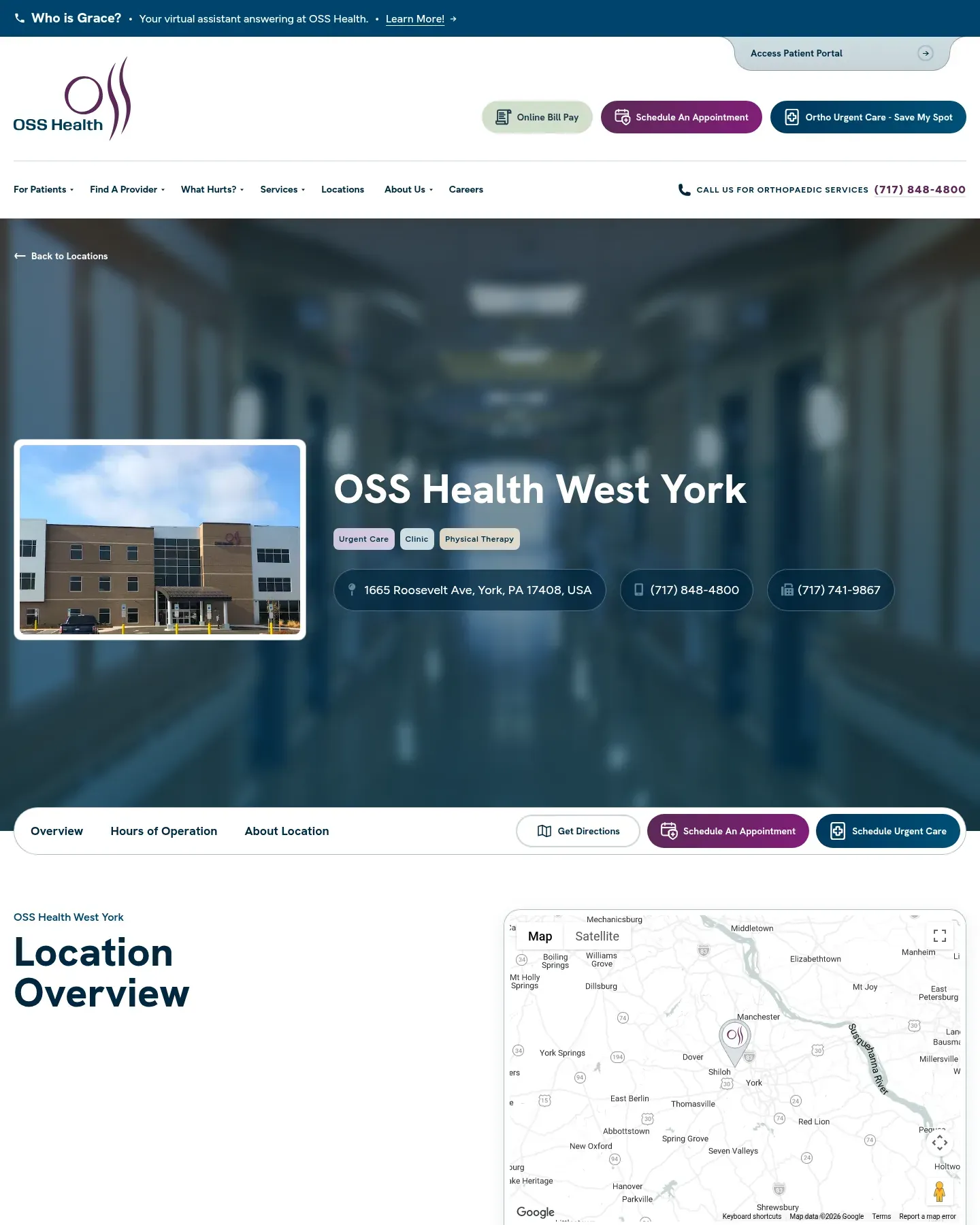 OSS Health West York location page: a photo of the building, Urgent Care, Clinic, and Physical Therapy tags, 1665 Roosevelt Ave, York, PA 17408, two phone numbers, tabs for Overview, Hours of Operation, and About Location, Get Directions and scheduling buttons, and a map in the Location Overview.