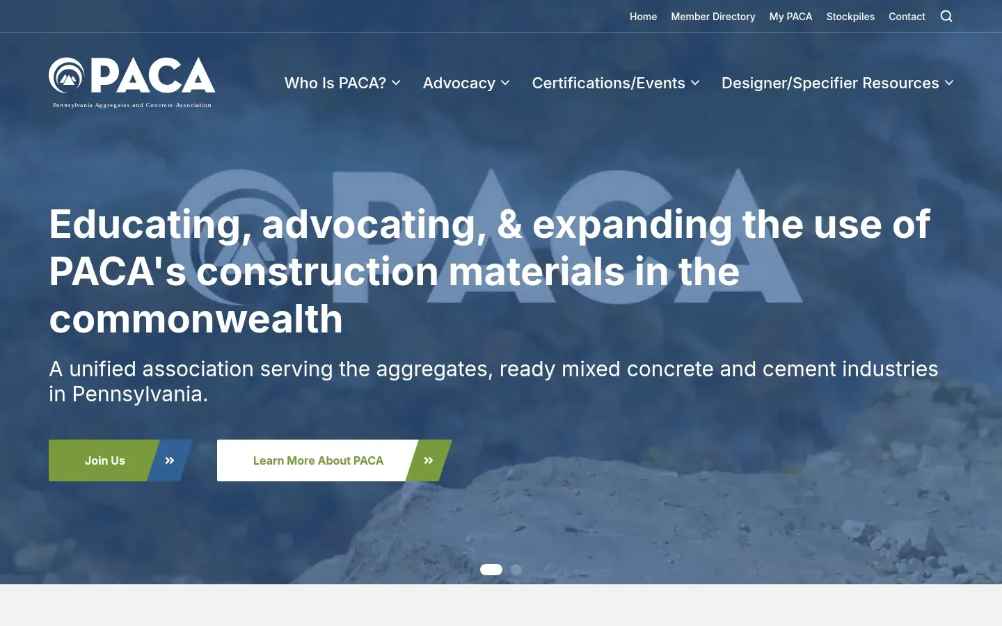 Pennsylvania Aggregates and Concrete Association home page: "Educating, advocating, & expanding the use of PACA's construction materials in the commonwealth" over a photo of a stone quarry, with Join us and Learn more about PACA buttons.
