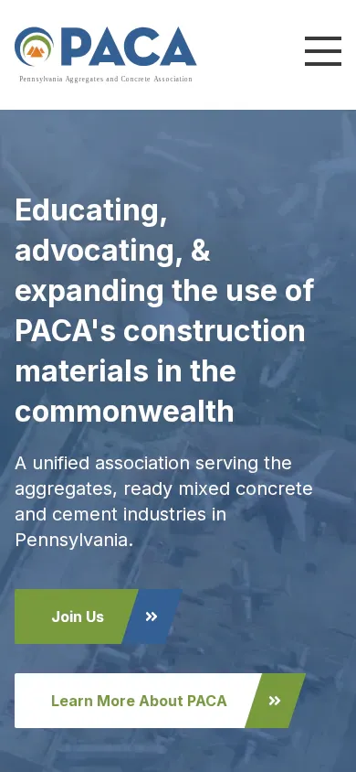 Pennsylvania Aggregates and Concrete Association on a phone: "Educating, advocating, & expanding the use of PACA's construction materials in the commonwealth," with Join us and Learn more buttons.