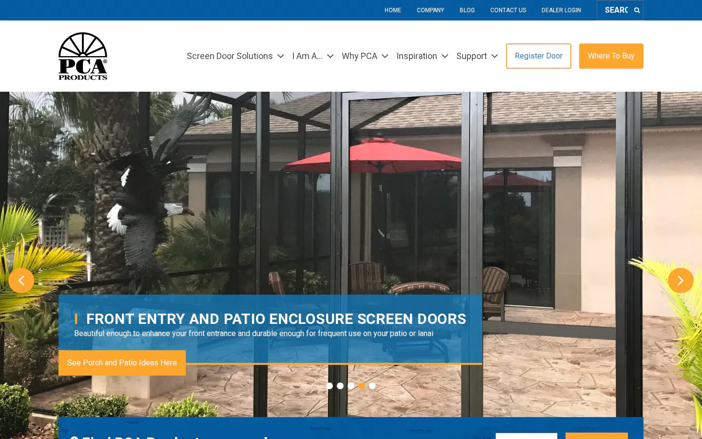 PCA Products home page: a screened patio enclosure with red umbrellas, captioned "Front entry and patio enclosure screen doors."