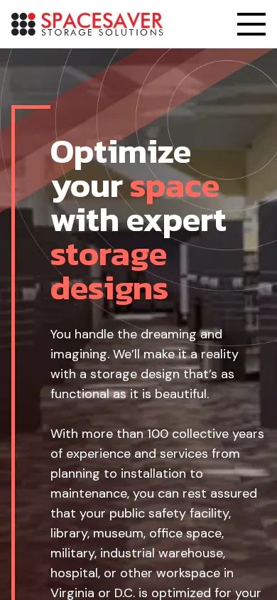 Spacesaver Storage Solutions on a phone: "Optimize your space with expert storage designs."