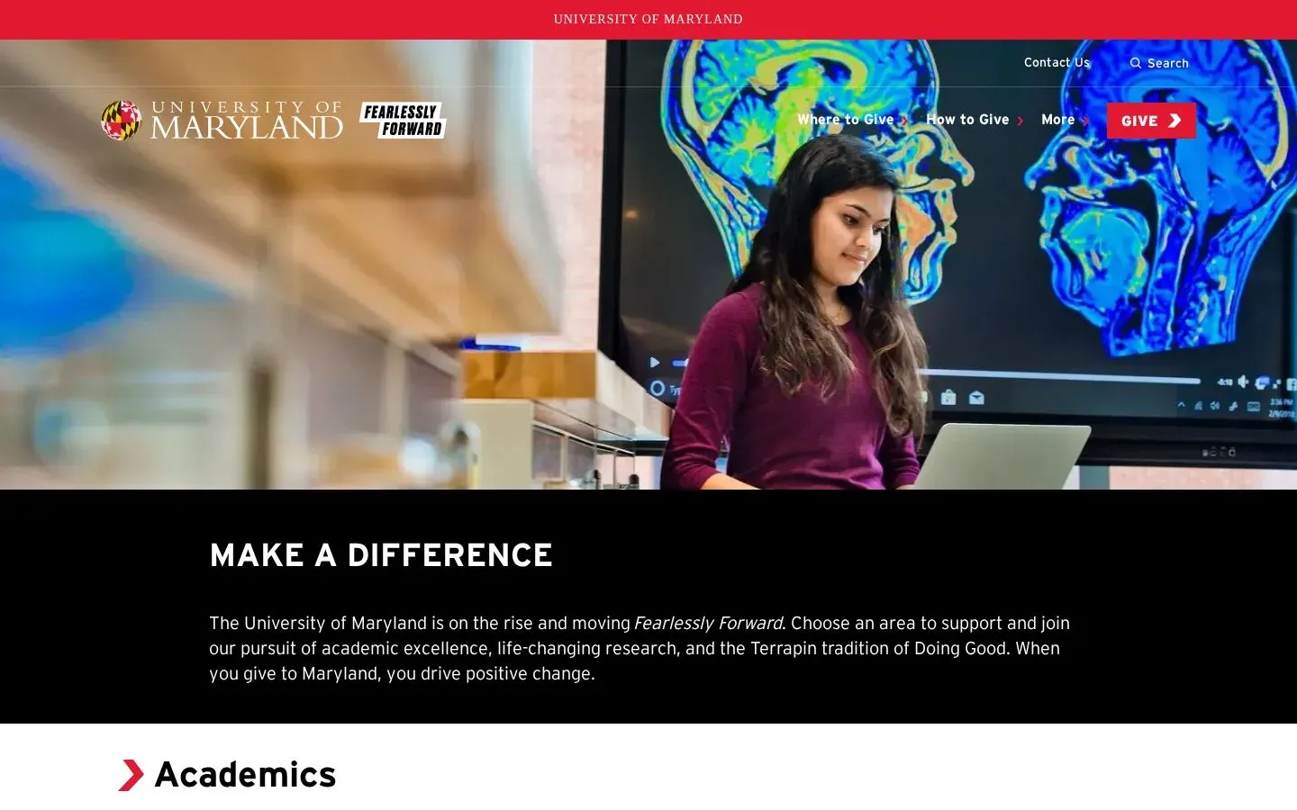 Academics giving page: a student at a laptop in front of brain scans on a large screen, above the heading Make a Difference and an invitation to choose an area to support.