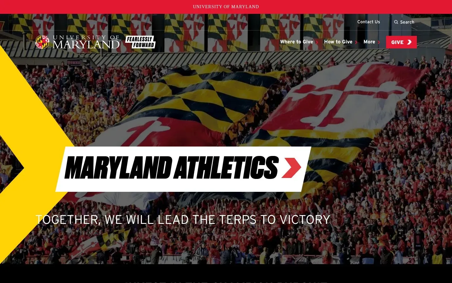 Maryland Athletics giving page: "Together, we will lead the Terps to victory" over a stadium crowd waving Maryland flags.