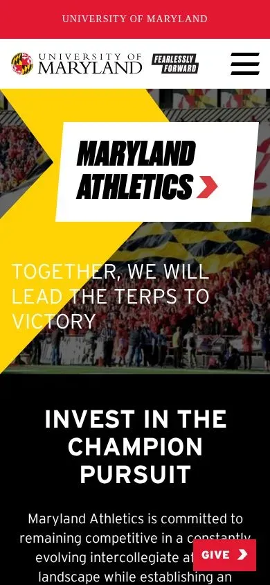 Maryland Athletics giving page on a phone: "Together, we will lead the Terps to victory," then the heading Invest in the Champion Pursuit, with a red Give button.
