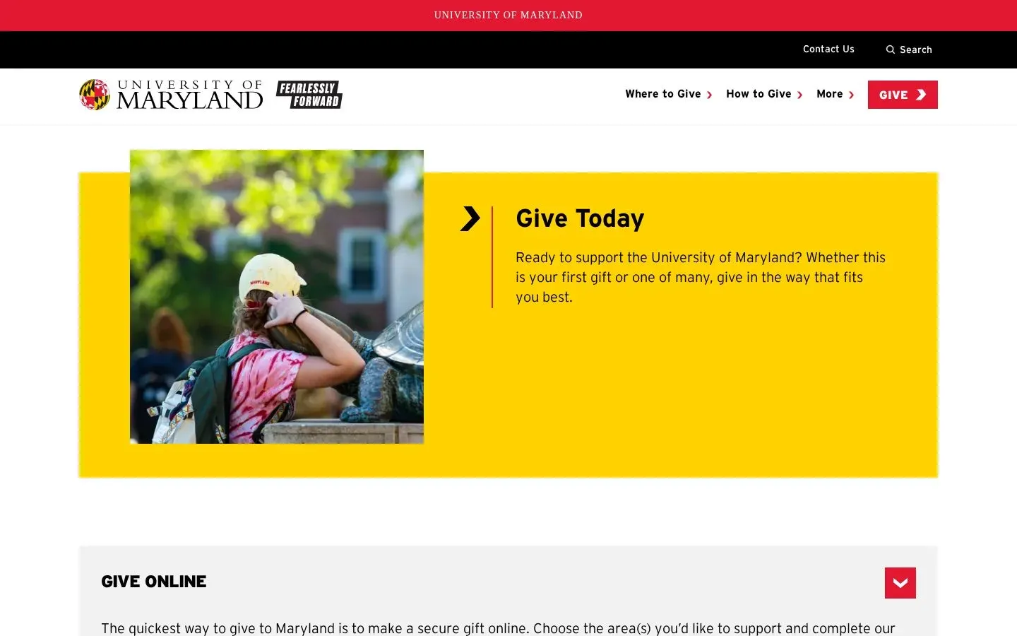 Give Today page: a student hugging the Testudo statue beside "Ready to support the University of Maryland? Whether this is your first gift or one of many, give in the way that fits you best," above a Give Online section.