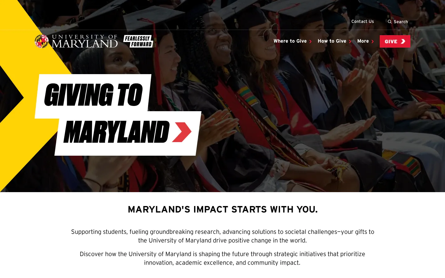 University of Maryland giving site: "Giving to Maryland" over a photo of graduates in caps and gowns, a red Give button, and the line "Maryland's impact starts with you."