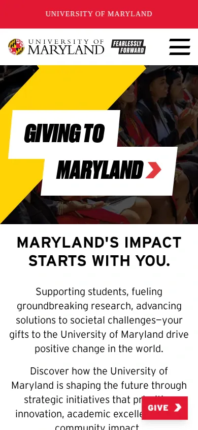 University of Maryland giving site on a phone: the "Giving to Maryland" banner and "Maryland's impact starts with you."
