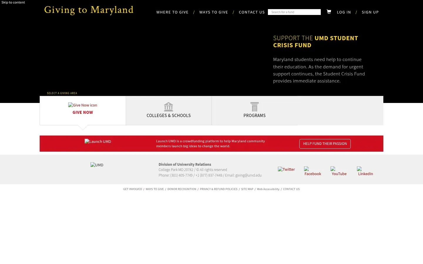 The old Giving to Maryland homepage: a black header with the Giving to Maryland wordmark, a Support the UMD Student Crisis Fund panel, tabs for Give Now, Colleges & Schools, and Programs, and a red Launch UMD crowdfunding banner.
