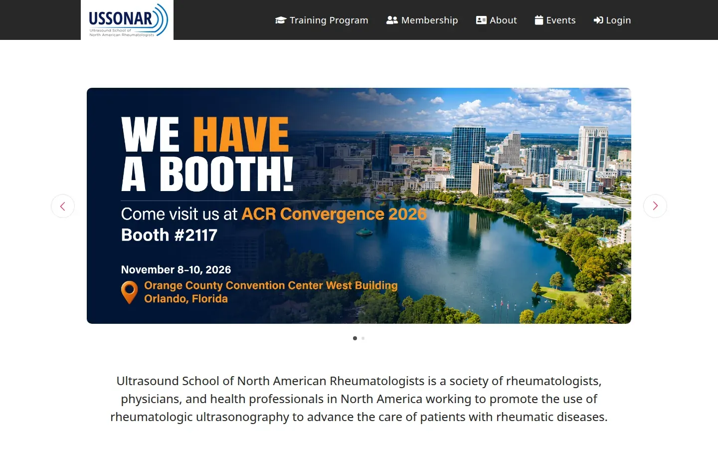 USSONAR website: the Ultrasound School of North American Rheumatologists home page, with a banner inviting visitors to its booth at ACR Convergence 2026.