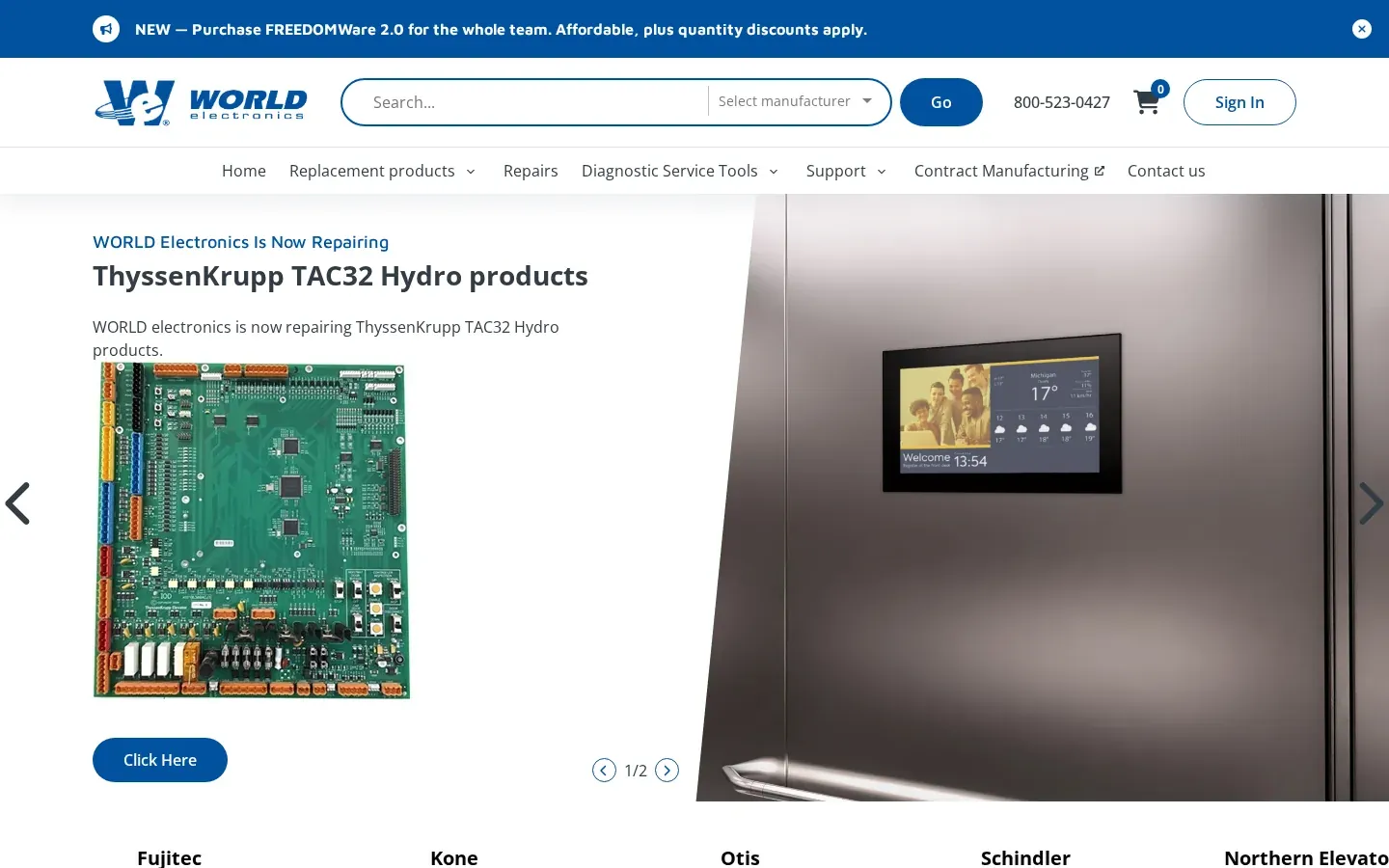 WORLD Electronics home page: a part search box with a manufacturer filter, a menu for replacement products, repairs, and diagnostic service tools, and a banner announcing repairs for ThyssenKrupp TAC32 Hydro products beside a photo of an elevator interior.