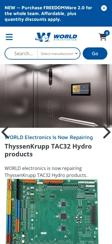 WORLD Electronics on a phone: the part search box, then the ThyssenKrupp TAC32 Hydro repair banner over a green circuit board.