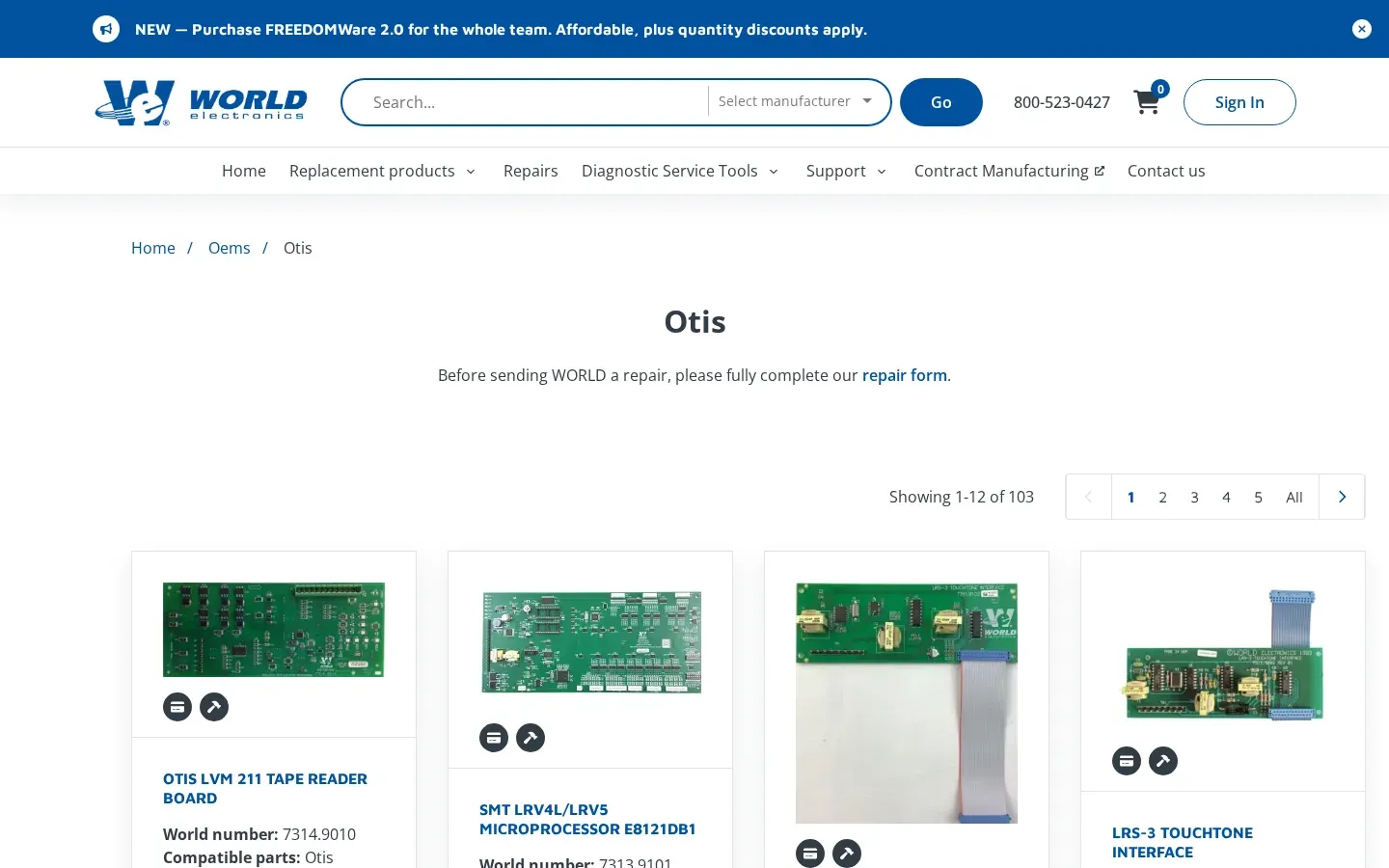 Otis manufacturer page: "Showing 1-12 of 103" over a grid of circuit boards, starting with the Otis LVM 211 tape reader board and an SMT LRV4L/LRV5 microprocessor board.