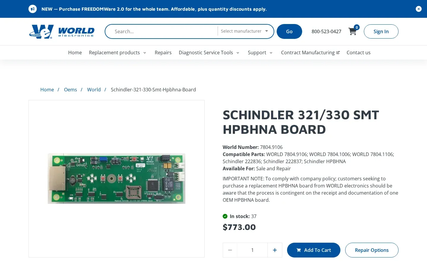 Schindler 321/330 SMT HPBHNA board product page: compatible part numbers, "In stock: 37", a $773.00 price, and Add to Cart and Repair Options buttons.