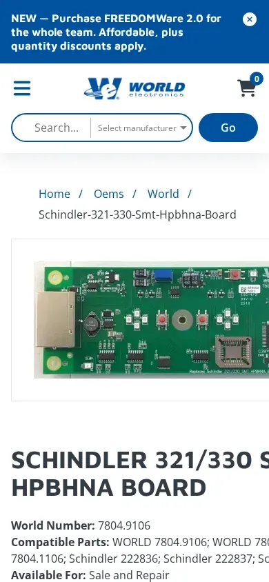The Schindler 321/330 SMT HPBHNA board product page on a phone: a photo of the board, its WORLD number, and its compatible parts.
