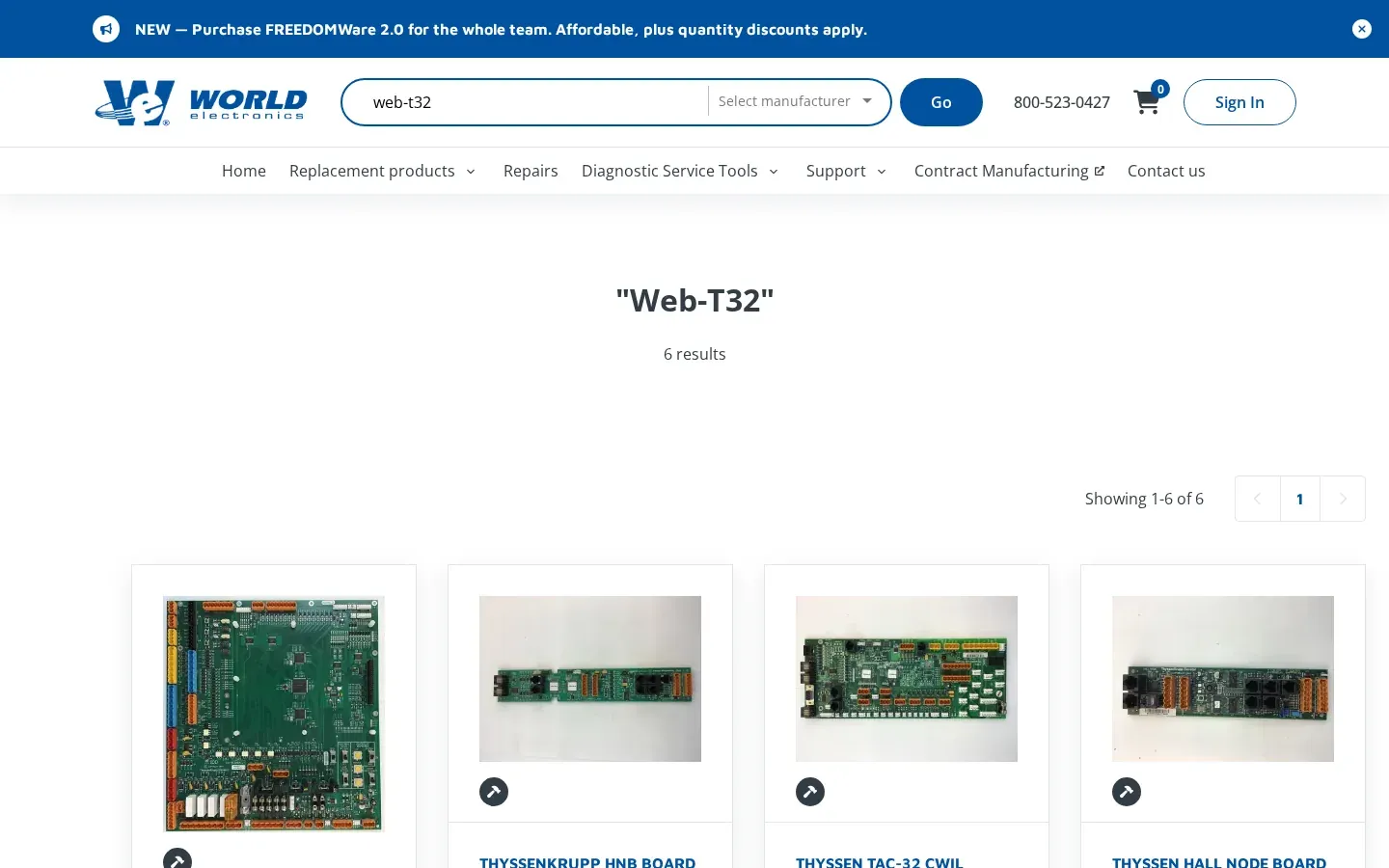 Search results for the part number "Web-T32": 6 results, a row of ThyssenKrupp and Thyssen circuit boards.