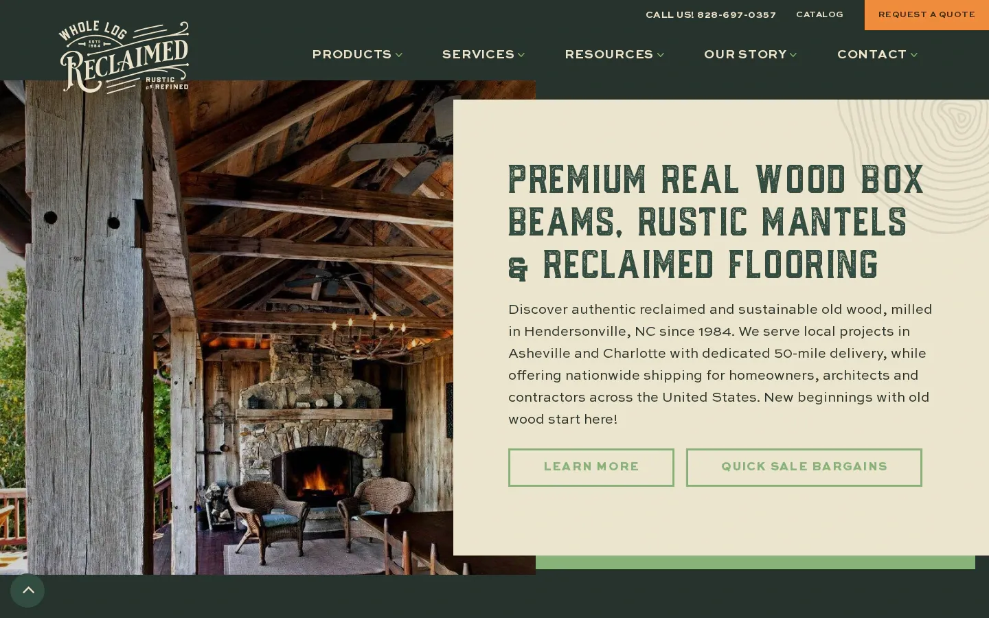 Whole Log Lumber home page: "Premium real wood box beams, rustic mantels & reclaimed flooring" beside a photo of a timber-framed porch with a stone fireplace.